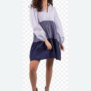 Simply Southern Women’s Blue Colorblock Long Sleeve Collar Dress, Medium
